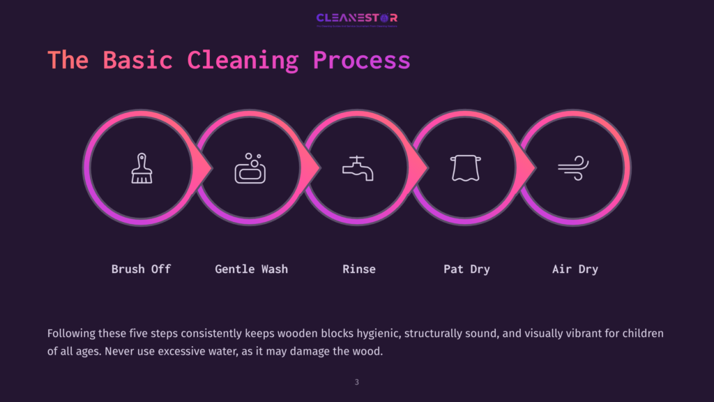 Diagram Illustrating The Basic Cleaning Process With Five Steps: Brush Off, Gentle Wash, Rinse, Pat Dry, And Air Dry, Depicted By Icons In Colorful Circles Against A Dark Background.