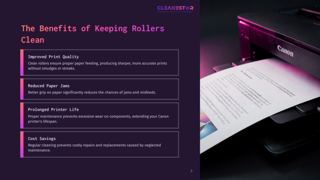 Close-Up Of A Canon Printer Feeding Paper, With A Graphic Overlay Listing The Benefits Of Keeping Rollers Clean: &Quot;Improved Print Quality,&Quot; &Quot;Reduced Paper Jams,&Quot; &Quot;Prolonged Printer Life,&Quot; And &Quot;Cost Savings.