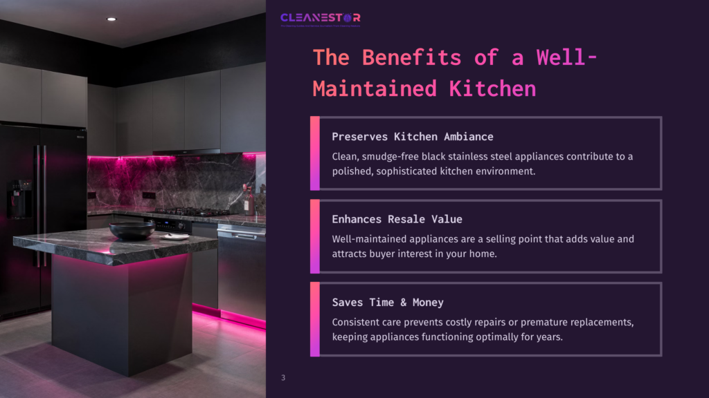 Modern Kitchen Featuring Black Stainless Steel Appliances, Pink Ambient Lighting, A Polished Countertop, And Organized Cabinetry.