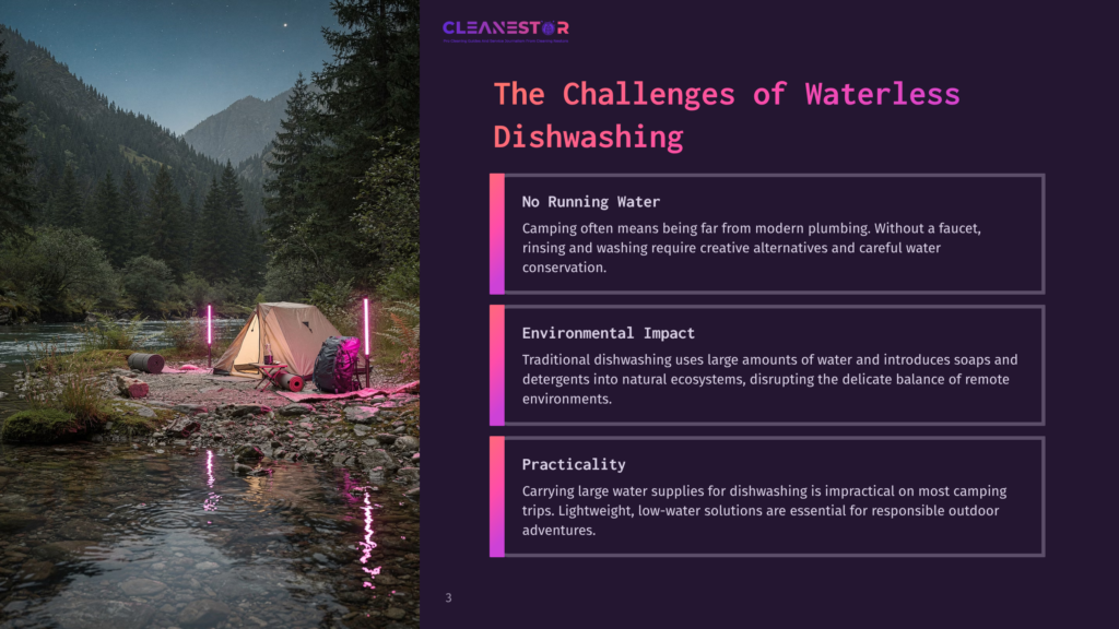 A Campsite At Dusk With A Tent Set Up By A Flowing River, Illuminated By Pink Lights. The Image Also Displays Text About &Quot;The Challenges Of Waterless Dishwashing&Quot; And Lists Issues Like &Quot;No Running Water,&Quot; &Quot;Environmental Impact,&Quot; And &Quot;Practicality.