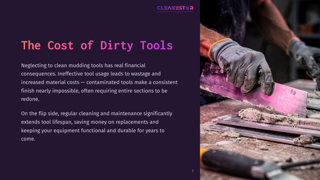 A Person Wearing Gloves Cleans A Muddy Tool With A Vibrant Pink Scraper, Surrounded By Dirt On A Work Surface.
