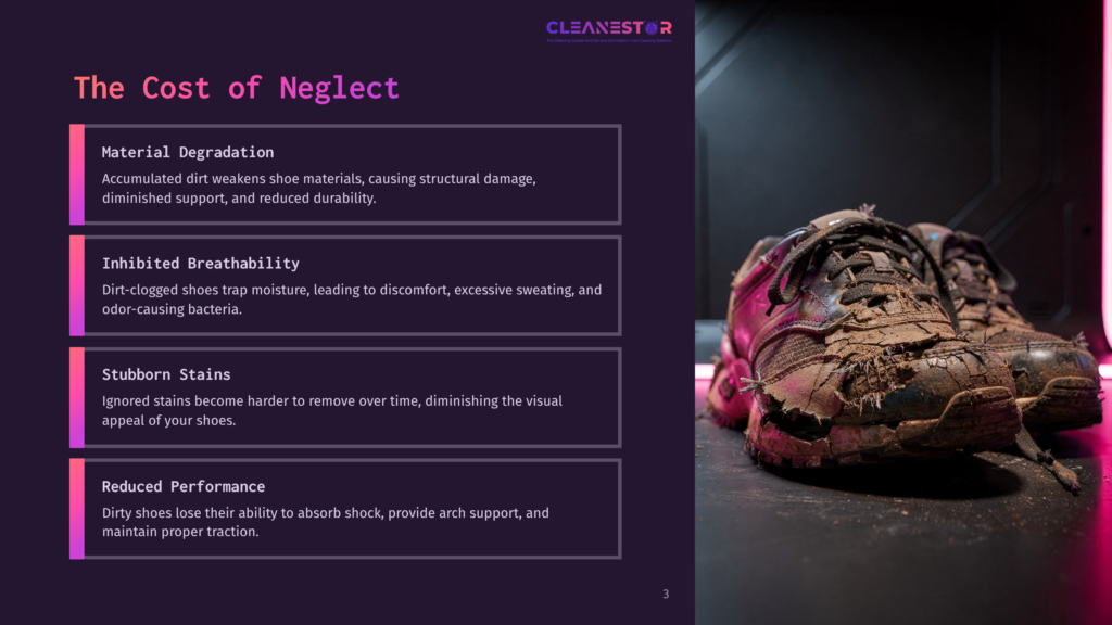 Worn, Dirty Sas Shoes On A Purple Background, With Text Highlighting The Effects Of Neglect On Footwear Performance And Maintenance.