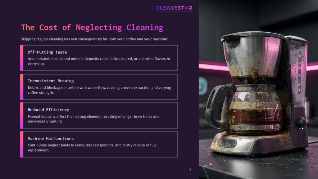 A Heavily Stained And Dirty Coffee Maker Sits On A Dark Countertop, With A Purple And Pink Gradient Background And Text Overlaying The Left Side Of The Image Detailing The &Quot;Cost Of Neglecting Cleaning&Quot; For Coffee Machines.