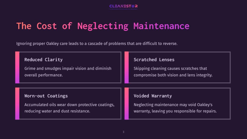 Four Colored Boxes On A Dark Background Highlight Consequences Of Neglecting Oakley Maintenance: Reduced Clarity, Scratched Lenses, Worn-Out Coatings, And Voided Warranty.
