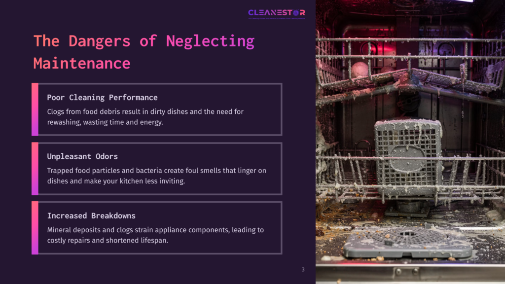 Interior Of A Dirty, Grimy Dishwasher With Caked-On Food Debris And Mineral Deposits, Illustrating The Dangers Of Neglecting Dishwasher Maintenance. Text Overlay: &Quot;The Dangers Of Neglecting Maintenance.