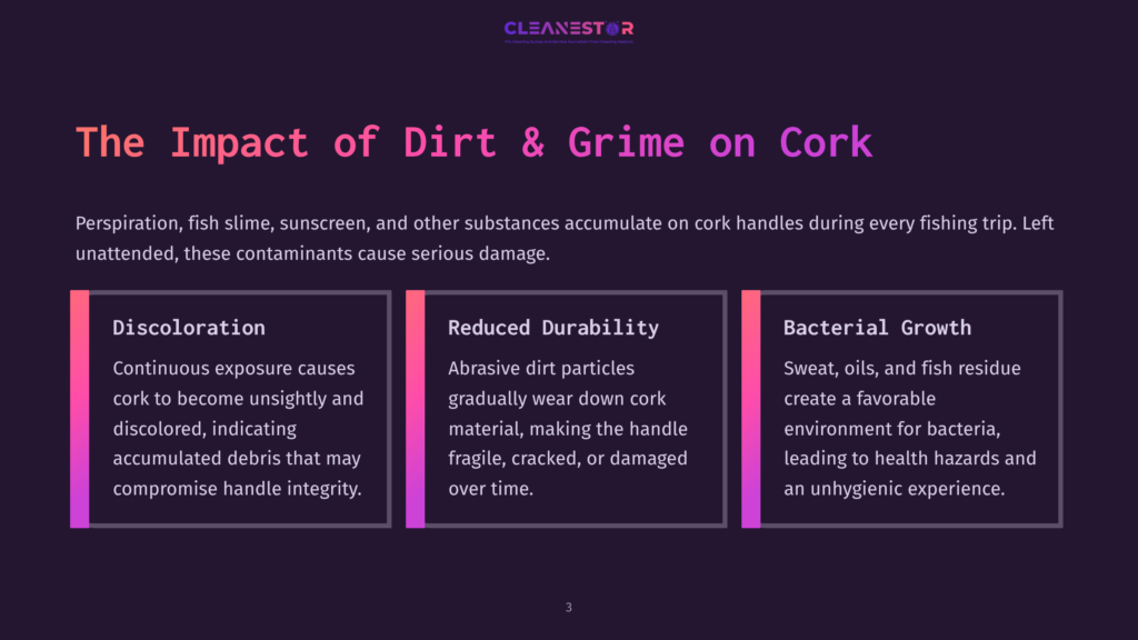 3 The Impact Of Dirt And Grime On Cork Infographic Detailing The Impact Of Dirt And Grime On Cork, With Sections On Discoloration, Reduced Durability, And Bacterial Growth.