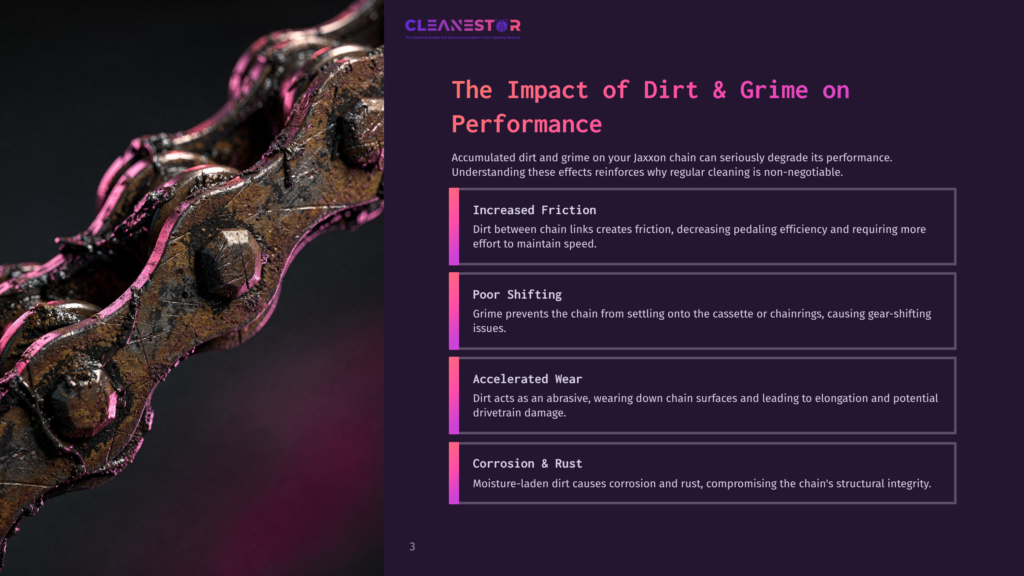 3 The Impact Of Dirt And Grime On Performance Close-Up Of A Heavily Rusted And Dirty Bicycle Chain, Showing The Impact Of Dirt And Grime On Its Performance. Text On The Right Discusses The Negative Effects Of Dirt On A Jaxxon Chain.