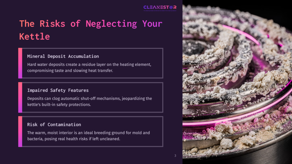 A Kettle With A Heavily Stained Heating Element, Surrounded By Mineral Deposits And Grime, Highlighted By A Pink Glow.