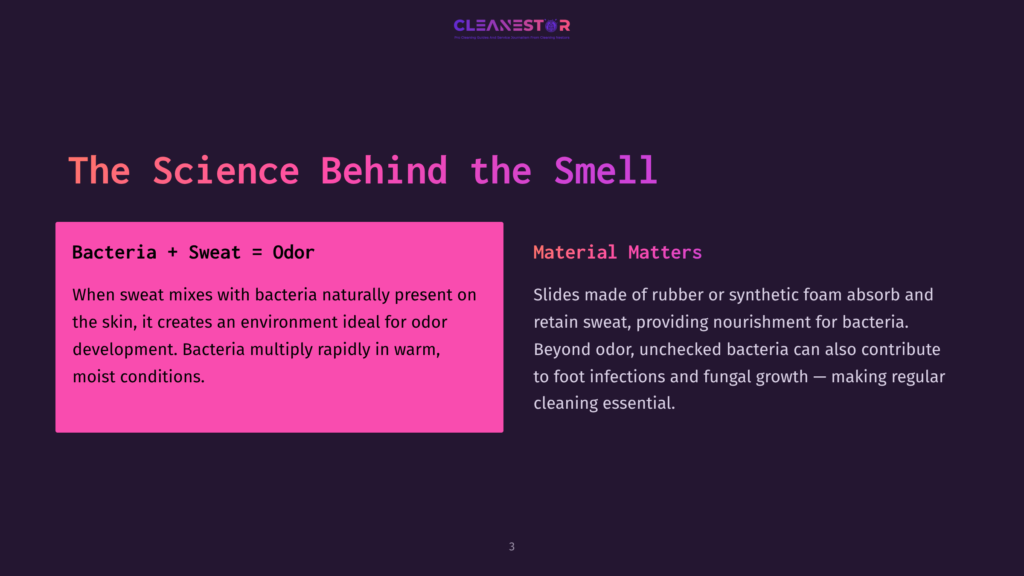 Presentation Slide Titled &Quot;The Science Behind The Smell&Quot; With Text Explaining How Bacteria + Sweat = Odor And Detailing Material Matters Related To Foot Odor.