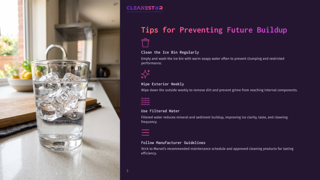 Cleanestor Logo And Tips For Preventing Future Buildup: Clean The Ice Bin, Wipe Exterior Weekly, Use Filtered Water, Follow Manufacturer Guidelines.