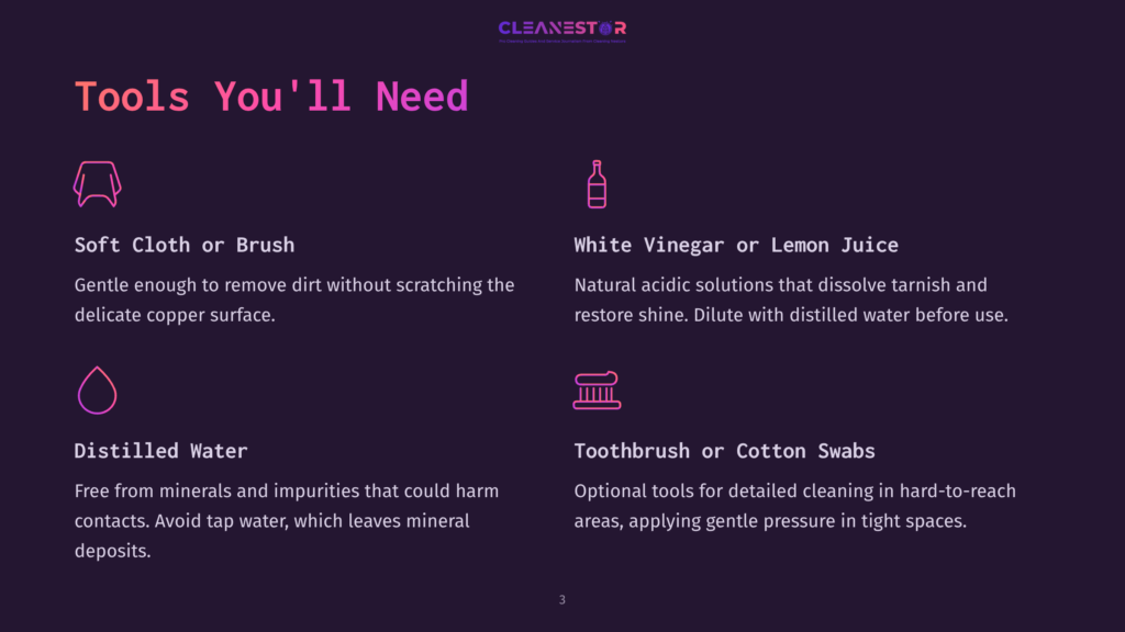A Dark Purple Graphic Lists Tools For Cleaning Copper: A Soft Cloth Or Brush, White Vinegar Or Lemon Juice, Distilled Water, And A Toothbrush Or Cotton Swabs.