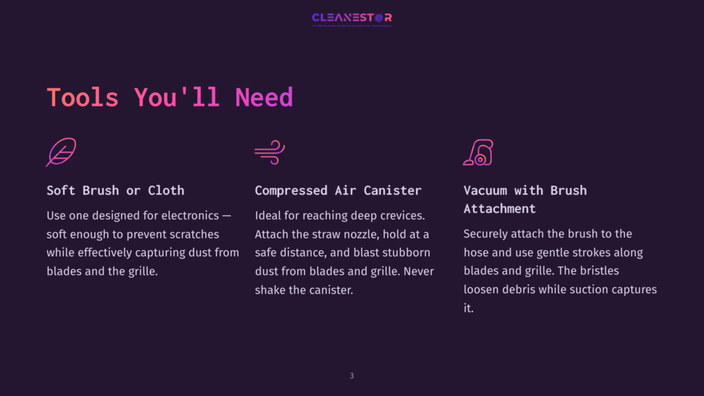 A Purple Background Displays A List Of Cleaning Tools: Microfiber Cloth, Compressed Air Canister, And Vacuum With Attachment, Each With Brief Descriptions.