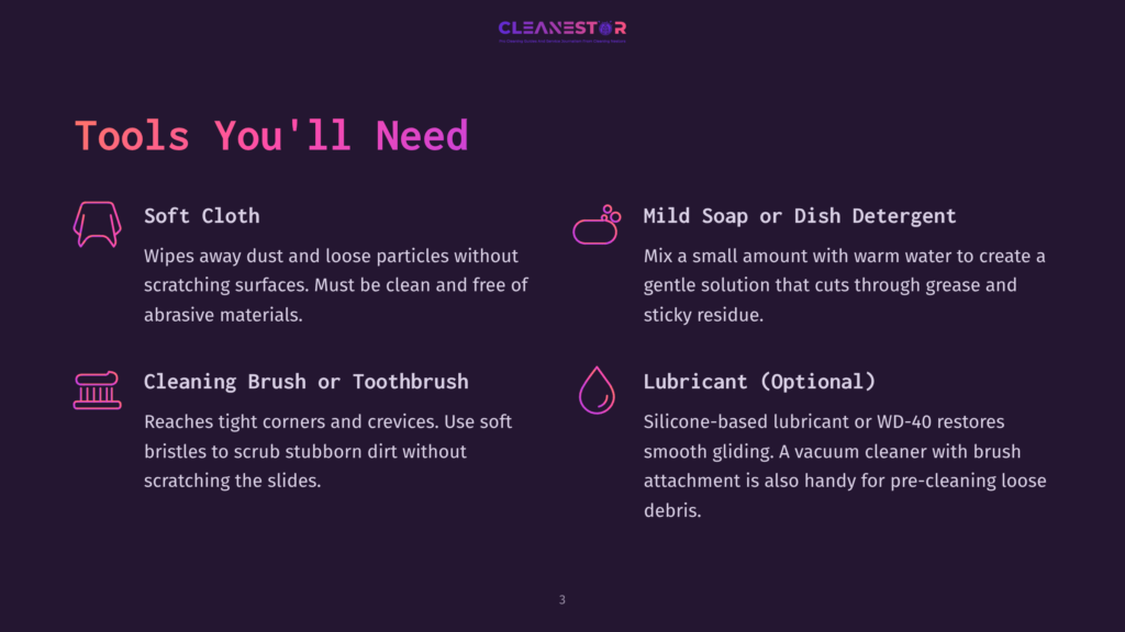 Tools For Cleaning: Soft Cloth, Mild Soap, Cleaning Brush, And Lubricant. Text Lists Essential Cleaning Supplies And Their Uses.