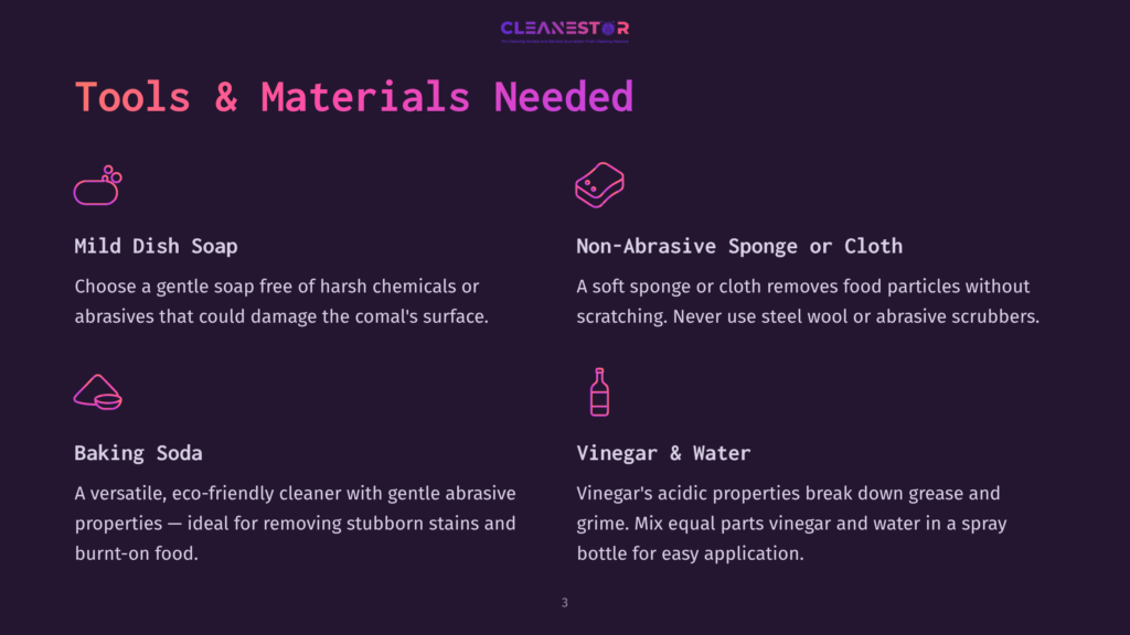 List Of Cleaning Tools And Materials Needed: Mild Dish Soap, Non-Abrasive Sponge, Baking Soda, Vinegar, And Water, On A Purple Background.