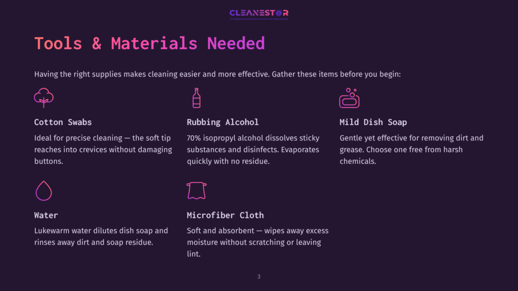 3 Tools And Materials Needed Tools And Materials For Cleaning Include Cotton Swabs, Rubbing Alcohol, Mild Dish Soap, Water, And A Microfiber Cloth On A White Background.