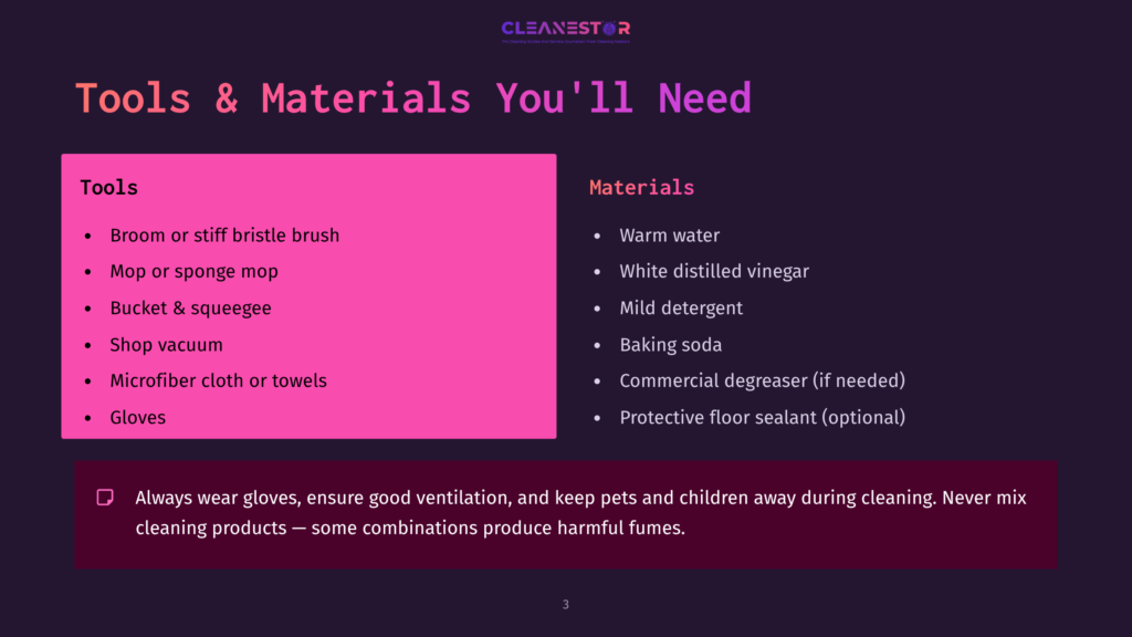 3 Tools And Materials Youll Need 1 A Pink And Dark Purple Graphic Listing Tools And Materials For Cleaning, Featuring A Brush, Sponge, Vacuum, And Various Cleaning Agents.