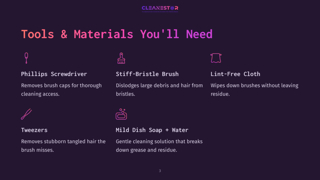 Tools And Materials For Cleaning Brushes: Phillips Screwdriver, Stiff-Bristle Brush, Lint-Free Cloth, Tweezers, And Mild Dish Soap + Water. Text Reads &Quot;Tools &Amp; Materials You'Ll Need&Quot;.