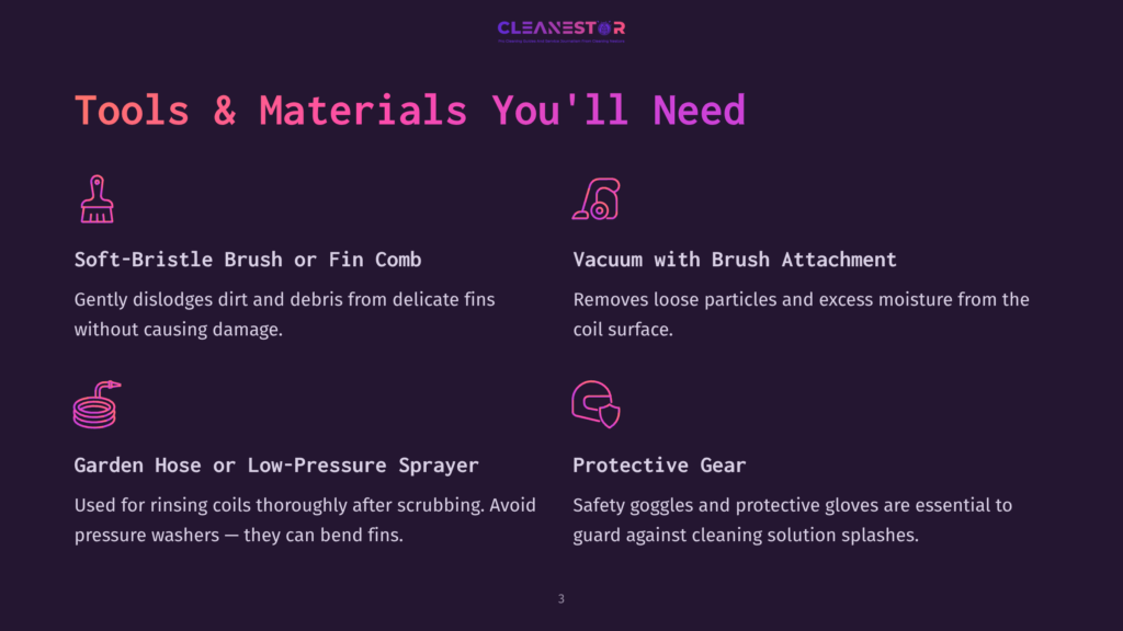 3 Tools And Materials Youll Need 12 Image Displays The Title &Quot;Tools &Amp; Materials You'Ll Need&Quot; With Icons And Descriptions For A Soft-Bristle Brush Or Fin Comb, Vacuum With Brush Attachment, Garden Hose Or Low-Pressure Sprayer, And Protective Gear, All Related To Cleaning.