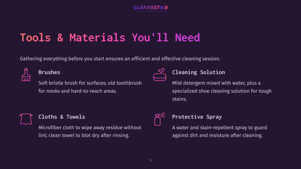 Illustration Of Cleaning Supplies: Soft Bristle Brush, Cleaning Solution, Microfiber Cloths, And Spray Bottle, With Text &Quot;Tools &Amp; Materials You'Ll Need&Quot; And &Quot;Cleanestor&Quot; Logo.