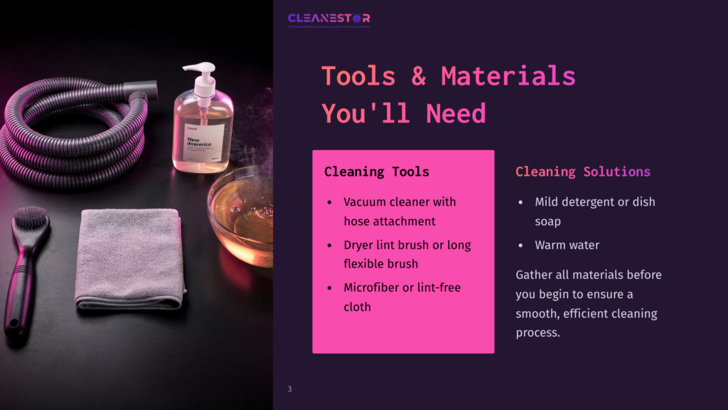 Cleaning Tools And Solutions Laid Out: A Gray Vacuum Hose And Brush, A Microfiber Cloth, A Bottle Of &Quot;New Material&Quot; Cleaner, And A Bowl Of Soapy Water. Text Reads &Quot;Cleaning Tools&Quot; And &Quot;Cleaning Solutions&Quot;.