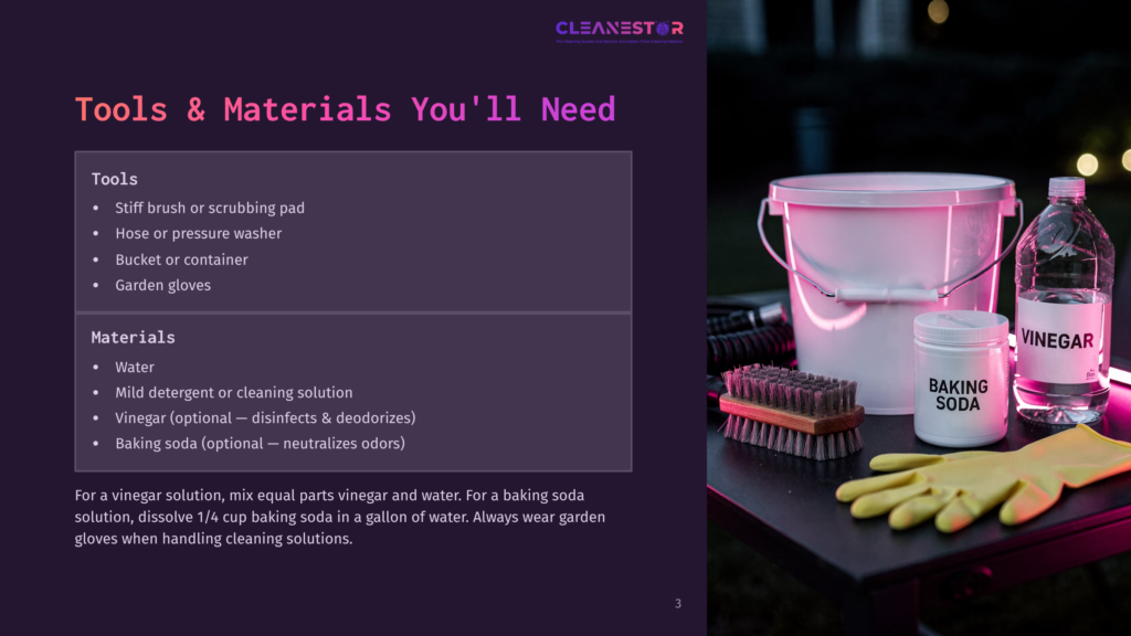 3 Tools And Materials Youll Need 19 Cleaning Supplies Laid Out: A White Bucket, A Jar Of Baking Soda, A Bottle Of Vinegar, A Scrub Brush, And Yellow Gloves. Text Lists Tools And Materials For Cleaning.