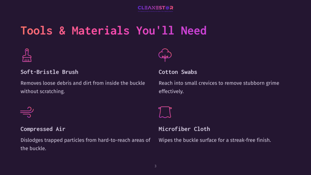 Tools And Materials For Cleaning Seat Belt Buckles: A Soft-Bristle Brush, Cotton Swabs, Compressed Air, And A Microfiber Cloth, On A Dark Background.