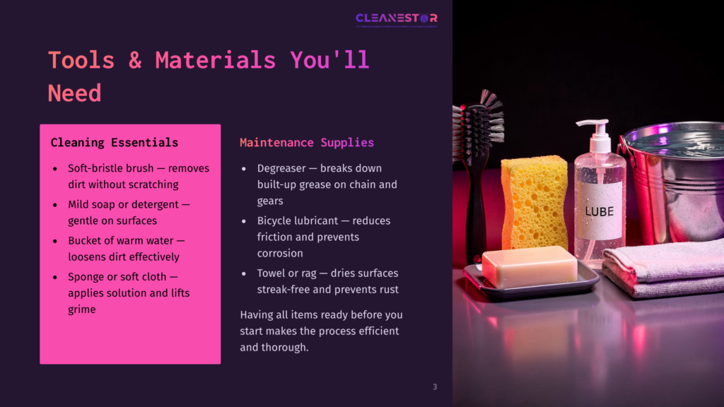 Cleaning Essentials Laid Out On A Dark Surface: A Soft-Bristle Brush, A Yellow Sponge, A Bar Of Soap, A Bottle Of Luge Degreaser, And A Metal Bucket Filled With Water And A Towel.