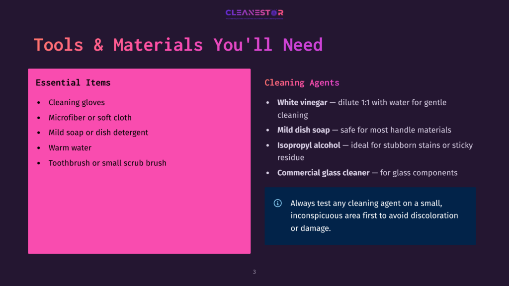 A Dark Background With A Pink Rectangle On The Left Listing Essential Cleaning Items Like Gloves And Soap. On The Right, A Dark Blue Rectangle Lists Cleaning Agents Including White Vinegar And Isopropyl Alcohol, With A Warning About Testing First.