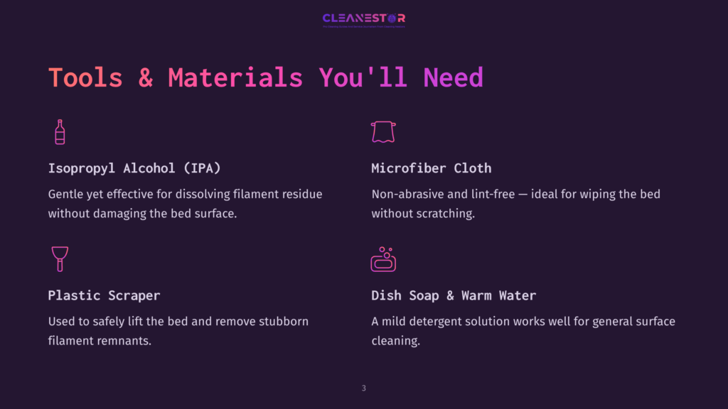 Tools And Materials You'Ll Need For 3D Printer Bed Cleaning: Isopropyl Alcohol (Ipa), Microfiber Cloth, Plastic Scraper, And Dish Soap &Amp; Warm Water.