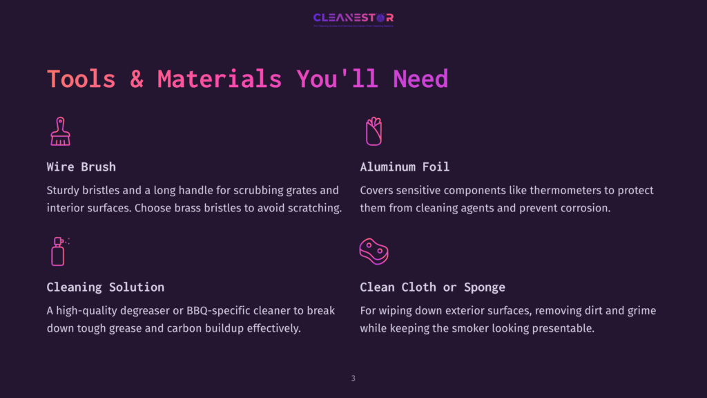 Tools And Materials List For Cleaning An Offset Smoker, Featuring Wire Brush, Aluminum Foil, Cleaning Solution, And A Cleaning Cloth.