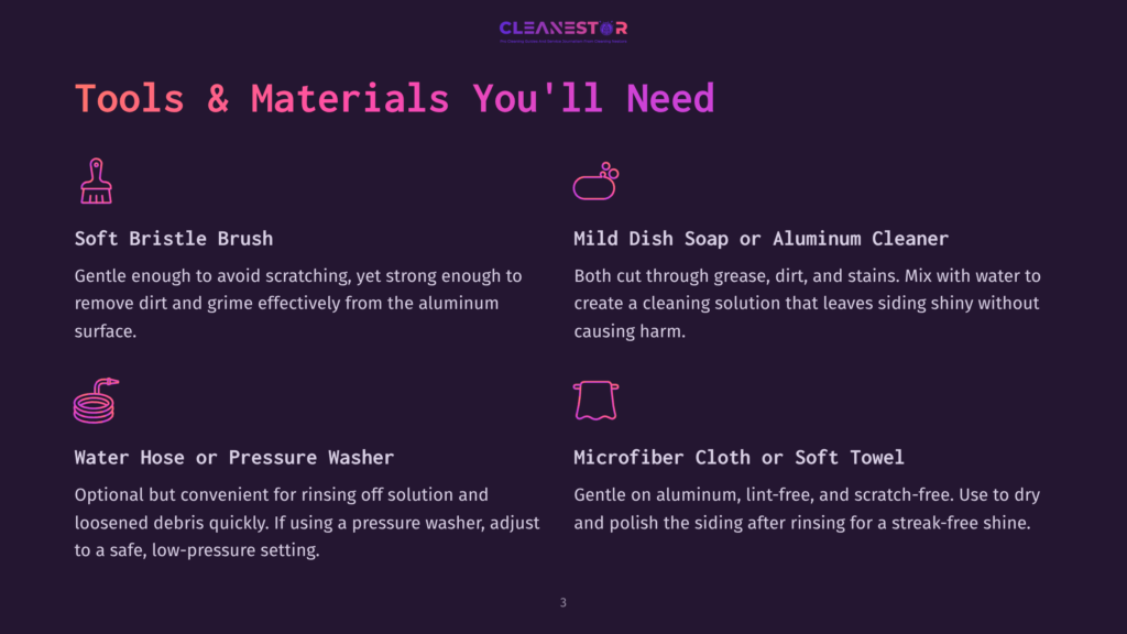 Brushes, Soap, Water Pressure Washer, And Cloths Are Laid Out With Descriptions, Featuring A Clean And Minimal Design In Pink And Black.
