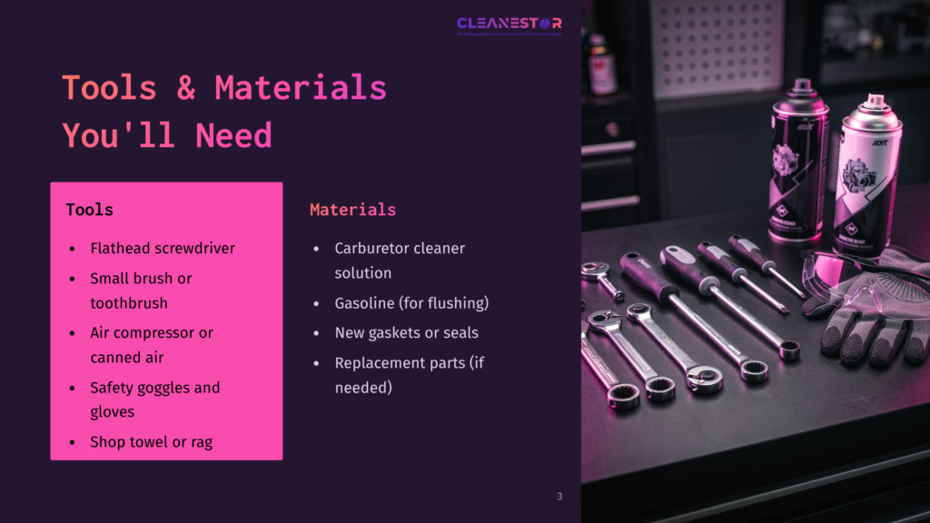 A Dark Layout Displays Tools And Materials For Cleaning A Leaf Blower Carburetor, Including Wrenches, A Brush, And Cleaner.