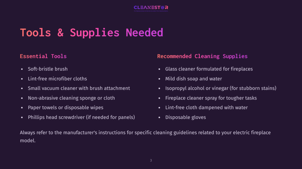 List Of Essential Tools And Recommended Cleaning Supplies For Maintaining An Electric Fireplace, Presented In A Clear, Organized Layout.