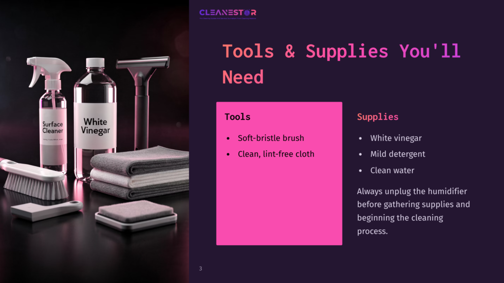 3 Tools And Supplies Youll Need Cleanestor Logo At The Top. A Collection Of Cleaning Supplies Including A Spray Bottle Labeled &Quot;Surface Cleaner&Quot;, A Bottle Of &Quot;White Vinegar&Quot;, A Razor, And Folded Cloths Are Artfully Arranged On A Dark, Reflective Surface.