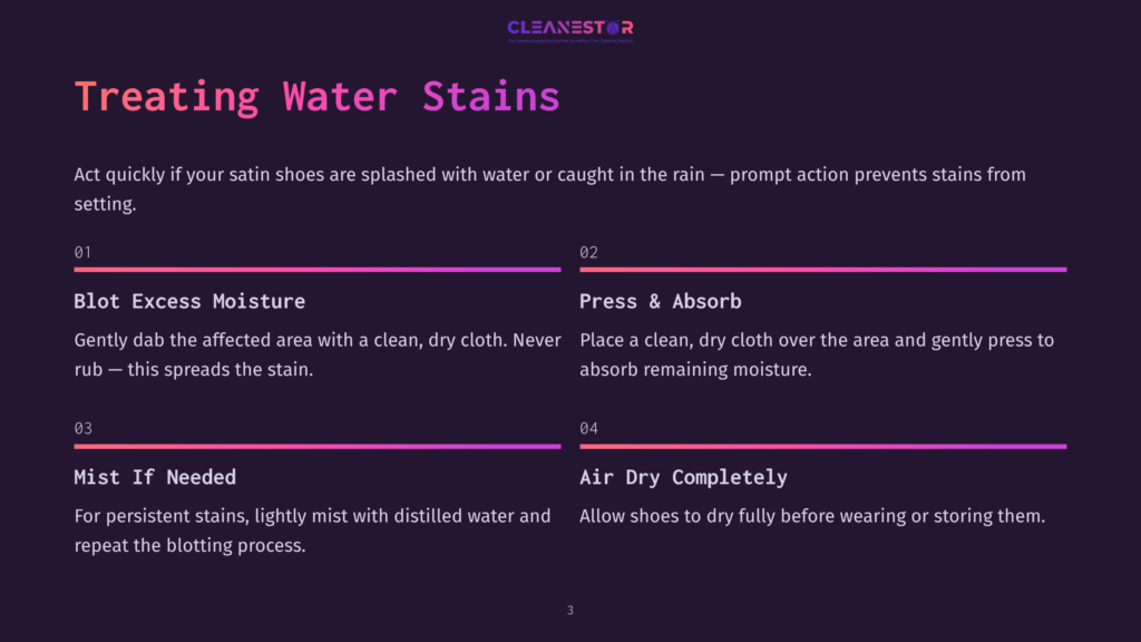Cleanestor Graphic Showing Steps To Treat Water Stains On Satin Shoes: Blot Excess Moisture, Press &Amp; Absorb, Mist If Needed, And Air Dry Completely.