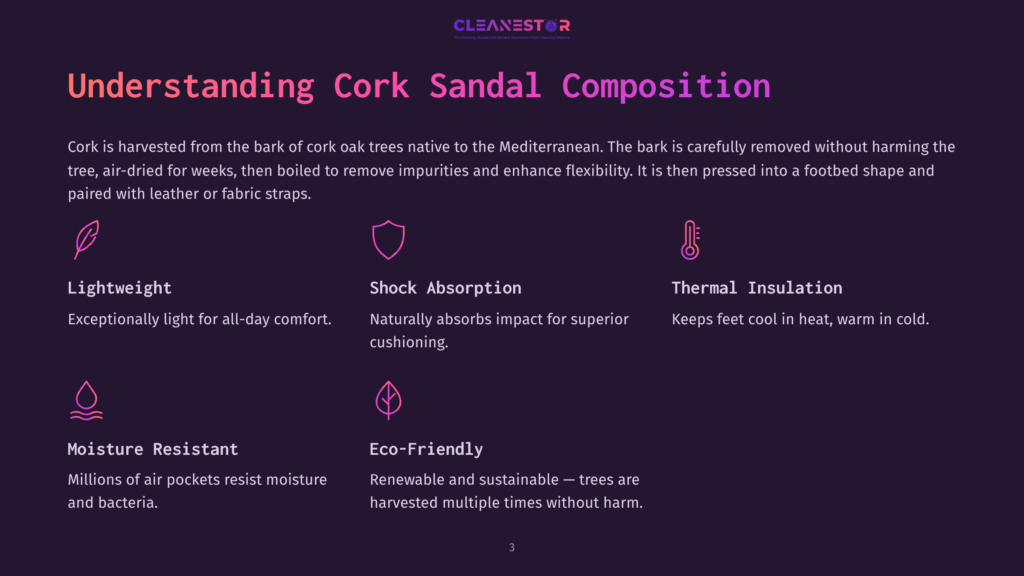 Purple Background With Pink Text Highlights The Benefits Of Cork Sandals: Lightweight, Shock Absorption, Thermal Insulation, Moisture Resistance, And Eco-Friendliness. Icons Accompany Each Point.