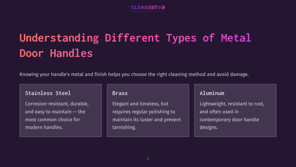 Three Rectangular Sections Highlight Types Of Metal Door Handles: Stainless Steel, Brass, And Aluminum, Each With A Brief Description.