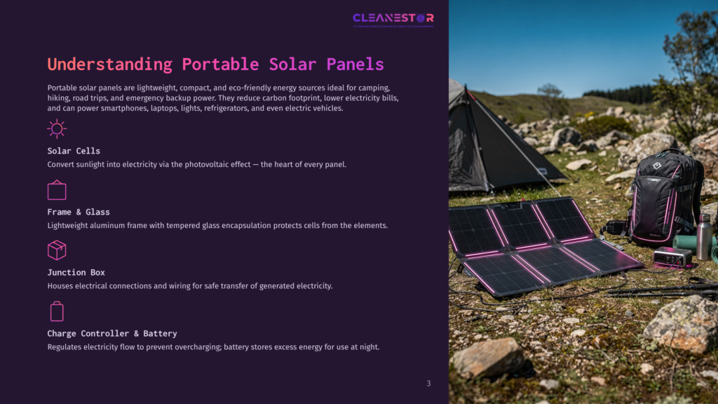 Portable Solar Panels Are Set Up In A Natural Outdoor Setting With A Tent And Backpack, Illustrating The Text &Quot;Understanding Portable Solar Panels&Quot; From The Cleanestar Brand.