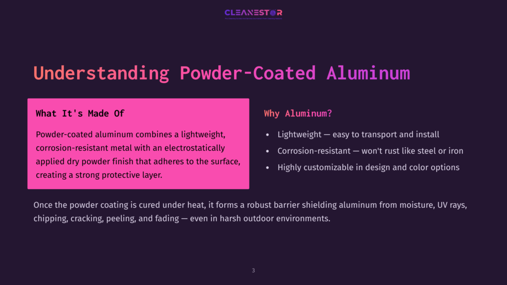 White Text On A Dark Background Explains The Benefits Of Powder-Coated Aluminum, Highlighted By A Vibrant Pink Box Outlining Key Points.