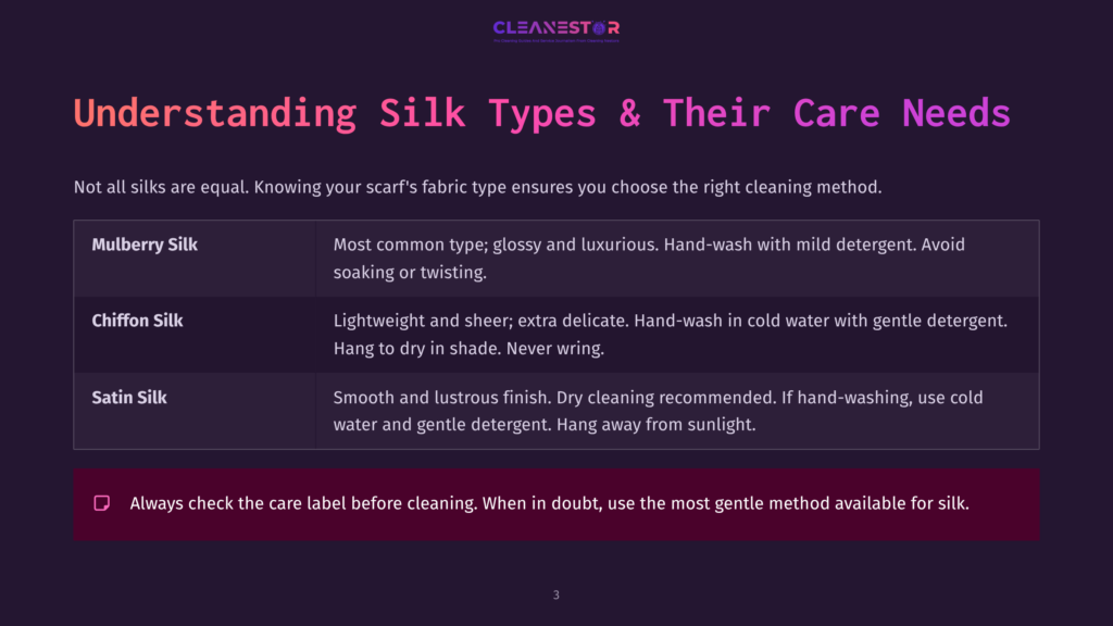 Text On A Dark Purple Background Explaining Silk Types And Care, Featuring Bullet Points About Hand-Washing And Drying Methods.