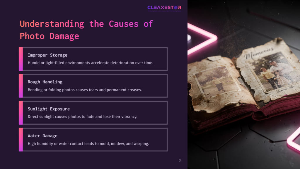 A Worn, Open Photo Album Rests On A Dark Surface, Surrounded By Pink Neon Lights, With Text Outlining Causes Of Photo Damage.