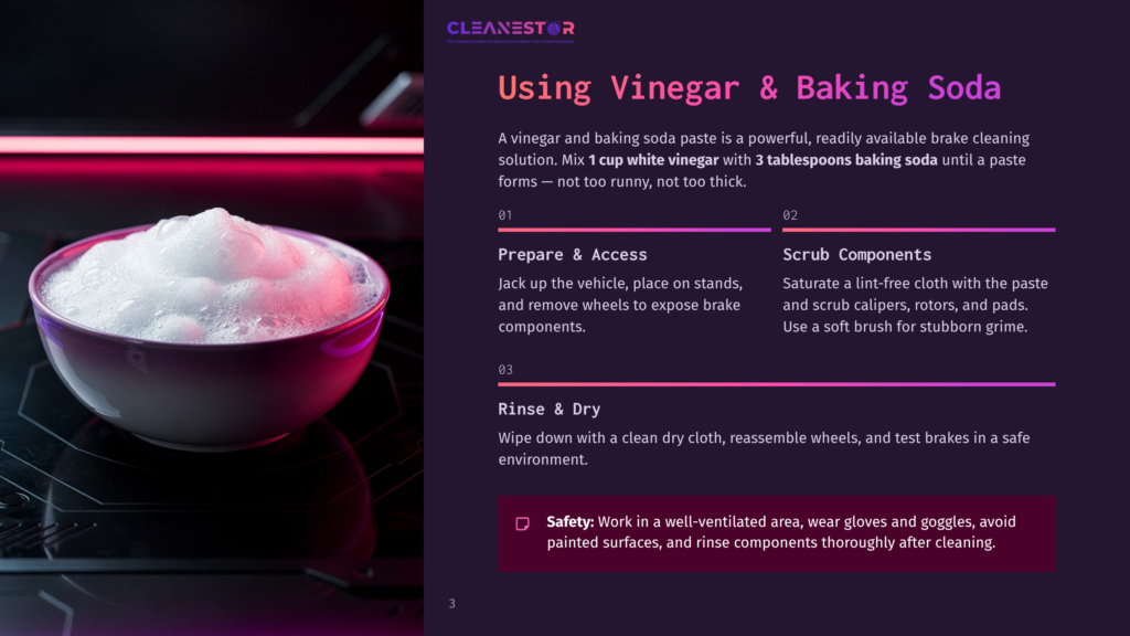 A Bowl Of Foamy Vinegar And Baking Soda Paste On A Stovetop, With Instructions On Brake Cleaning Methods Beside It.