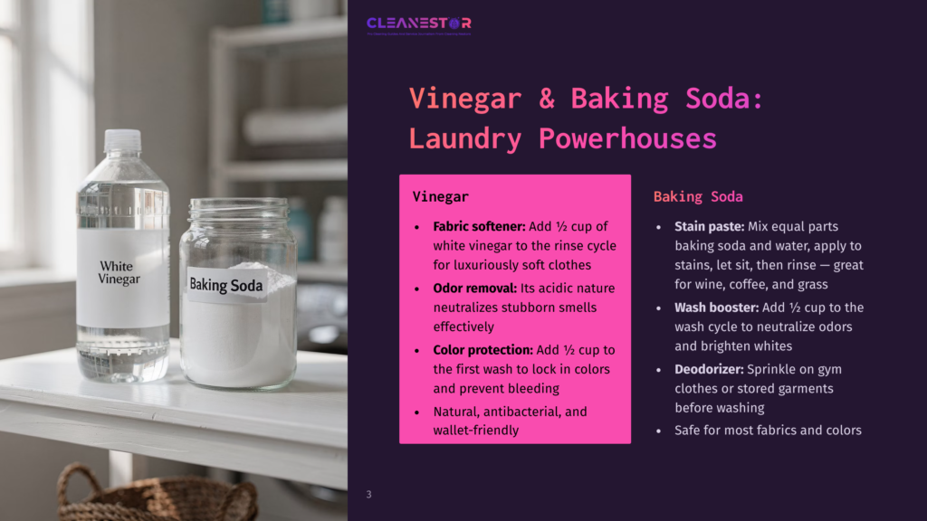 Two Bottles, One Of White Vinegar And One Of Baking Soda, Sit On A Shelf Next To A Laundry Room Washing Machine. Text On The Image Highlights Uses For Vinegar And Baking Soda In Laundry.