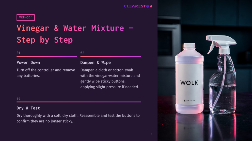 3 Vinegar And Water Mixture Step By Step A Purple And White Infographic Detailing Steps To Clean Sticky Controller Buttons Using A Vinegar And Water Mixture, Featuring A Spray Bottle And A Cloth.