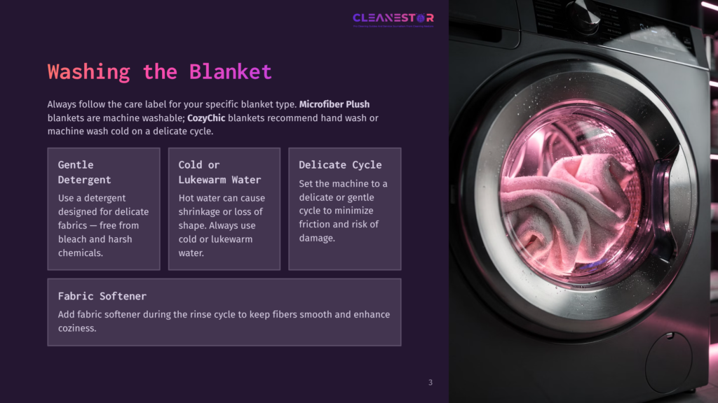 Close-Up Of A Washing Machine Drum Filled With A Pink Plush Blanket, Featuring Text Instructions On Cleaning Tips And Settings.