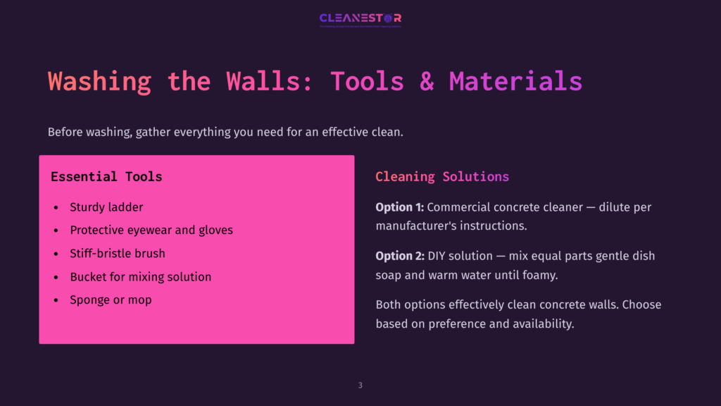 A Dark Purple Slide Titled &Quot;Washing The Walls: Tools &Amp; Materials&Quot; Lists Essential Tools Like A Sturdy Ladder And Protective Gloves, And Cleaning Solutions Including Commercial Concrete Cleaner And Diy Options.