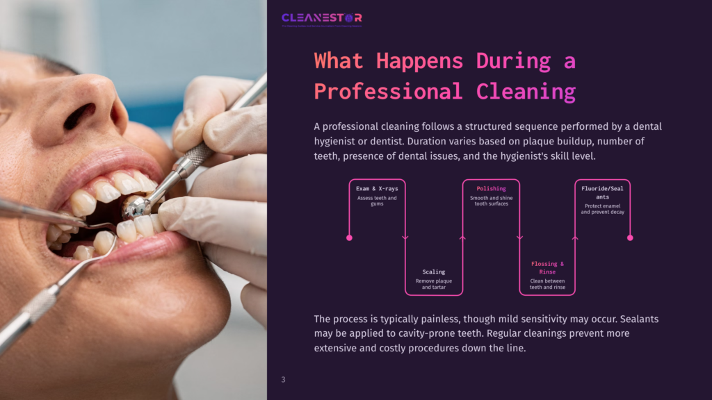Close-Up Of A Dental Hygienist Performing A Professional Teeth Cleaning With A Dental Tool, Showing The Examination Of Teeth And Gums.