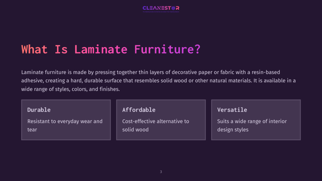 A Dark Purple Background Displays The Text &Quot;What Is Laminate Furniture?&Quot; And Explains That Laminate Furniture Is Made From Pressed Layers Of Decorative Paper Or Fabric With Resin-Based Adhesive. Three Boxes Highlight Its Benefits: Durable, Affordable, And Versatile.