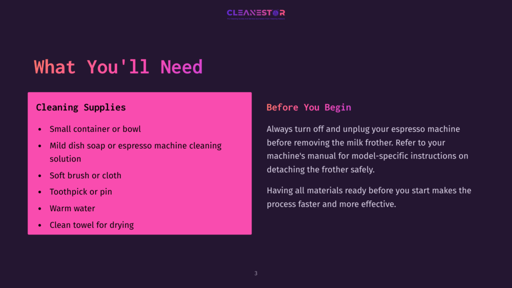 Pink And Purple Checklist Detailing Cleaning Supplies: Small Bowl, Clean Cloth, Water, And Drying Materials, On A Dark Background.
