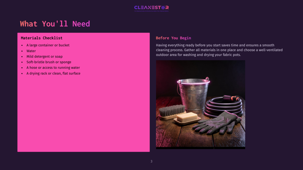 3 What Youll Need 3 A Pink Checklist Beside A Bucket, Sponge, Gloves, And A Hose, Set Against A Dark Purple Background, Outlining Cleaning Materials.
